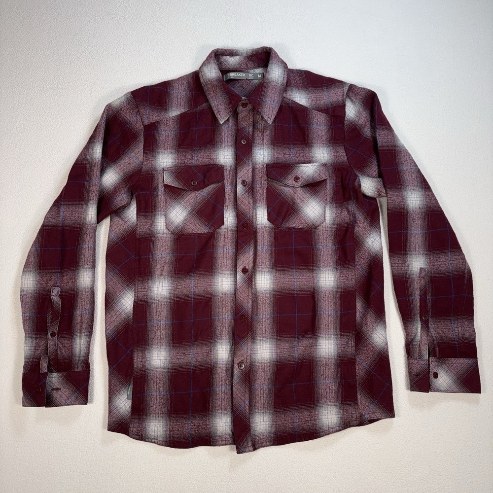 Icebreaker Flannel Shirt Men M Burgundy Plaid 100% Merino Wool Pockets Button Up
